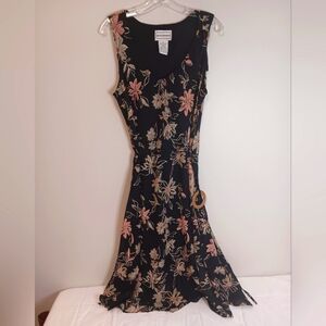 Vintage Karin Stevens Floral Dress Sz 16 Fit Flare Sleeveless Black / Pink
